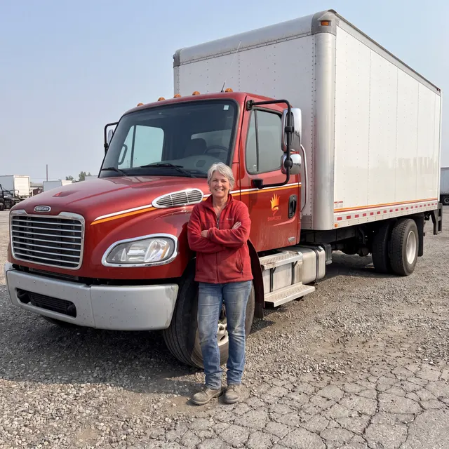 Truck driver standing with a Shipluxe LLC truck